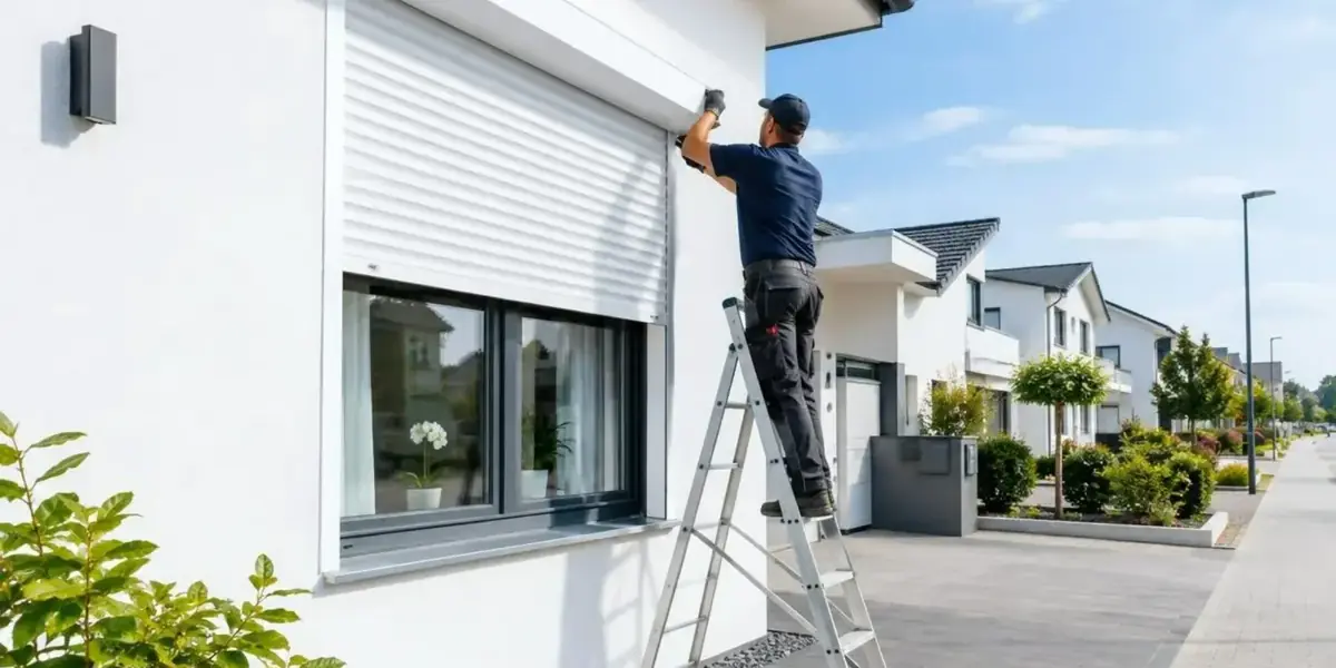 Technicien sur une échelle réglant le volet roulant d'une maison blanche