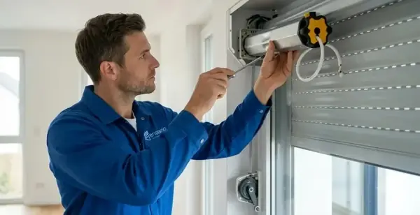 Technicien installant le moteur d'un volet roulant